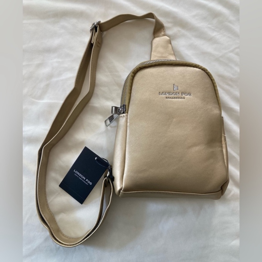 London Fog Metallic Champagne Sling Crossbody Bag